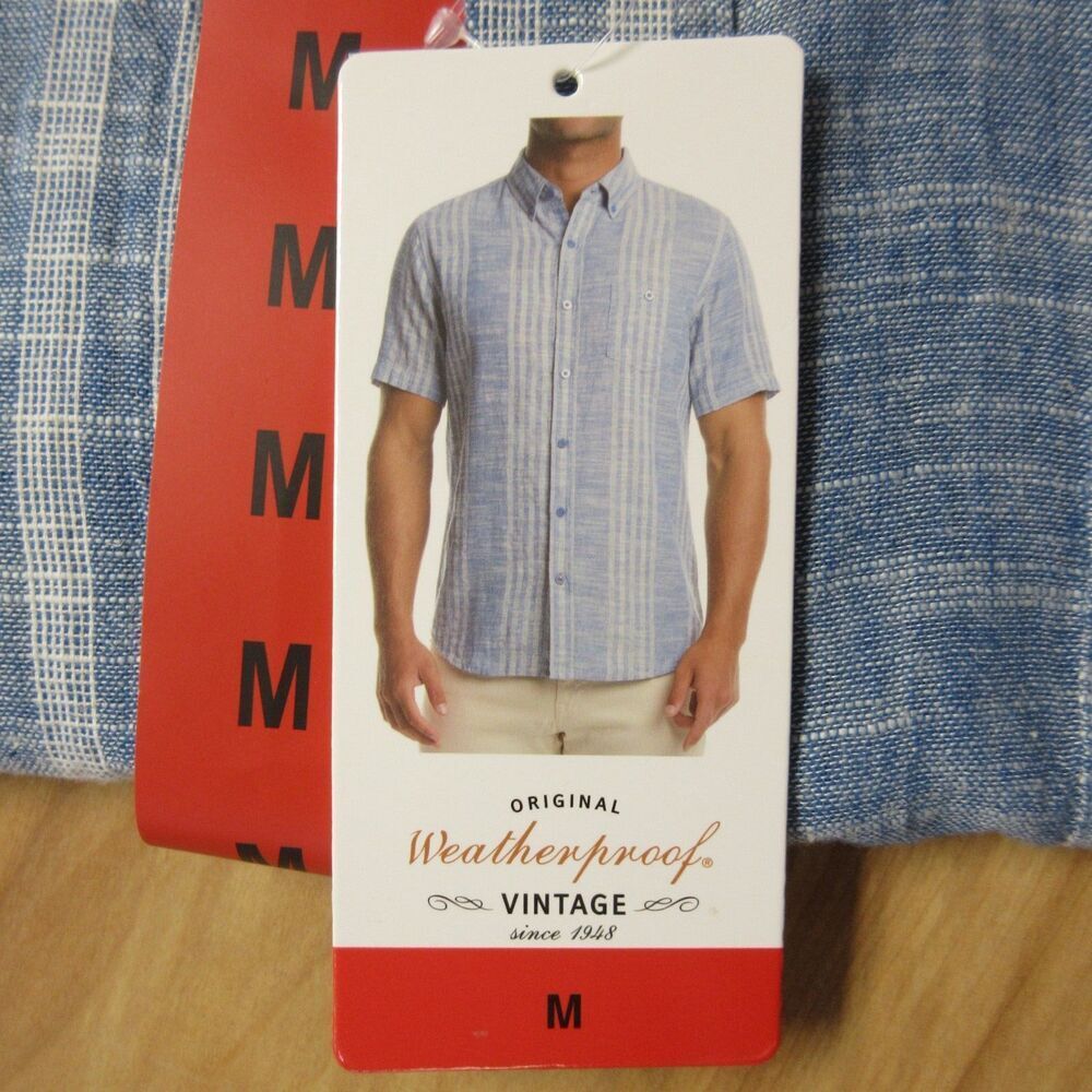 WEATHERPROOF VINTAGE Linen Blend Woven Shirt Mens M Blue Stripe Short Sleeve NWT - Picture 3 of 7